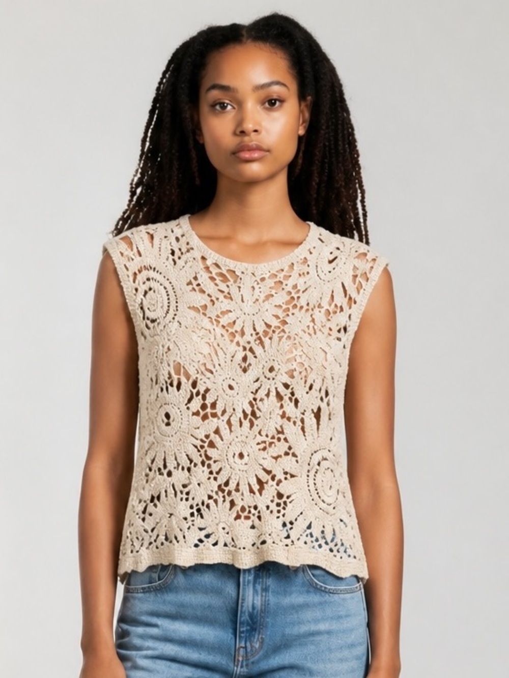 Solitaire Cream Crochet Openwork Zipper Boho Top